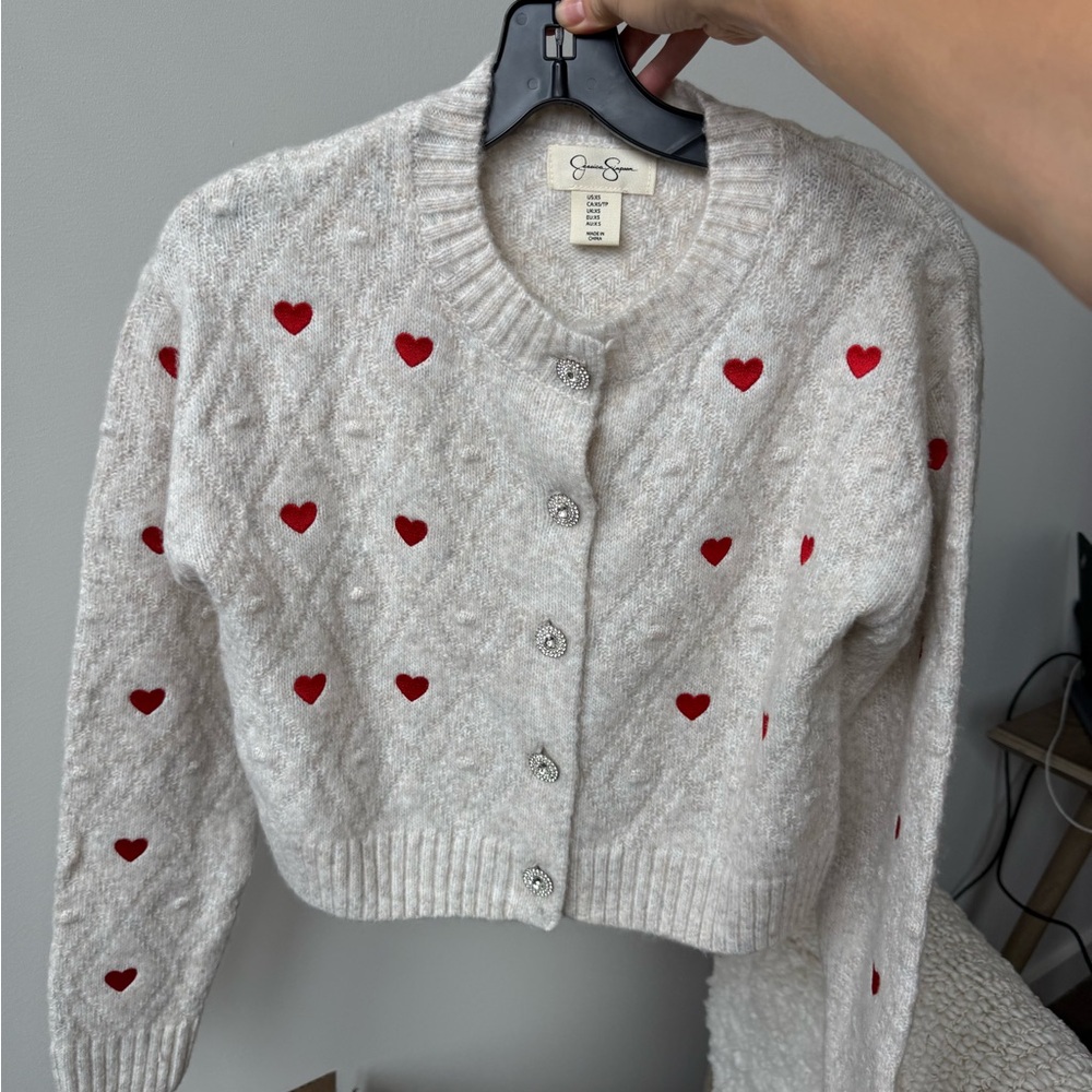 Jessica Simpson Cream Cardigan with Red Heart Accents